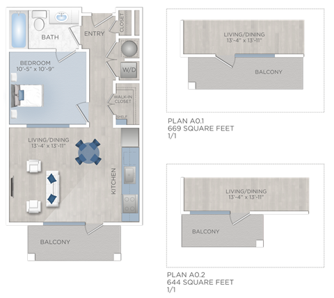 Floor plan for 1 bed, 1 bath, 582 sqft